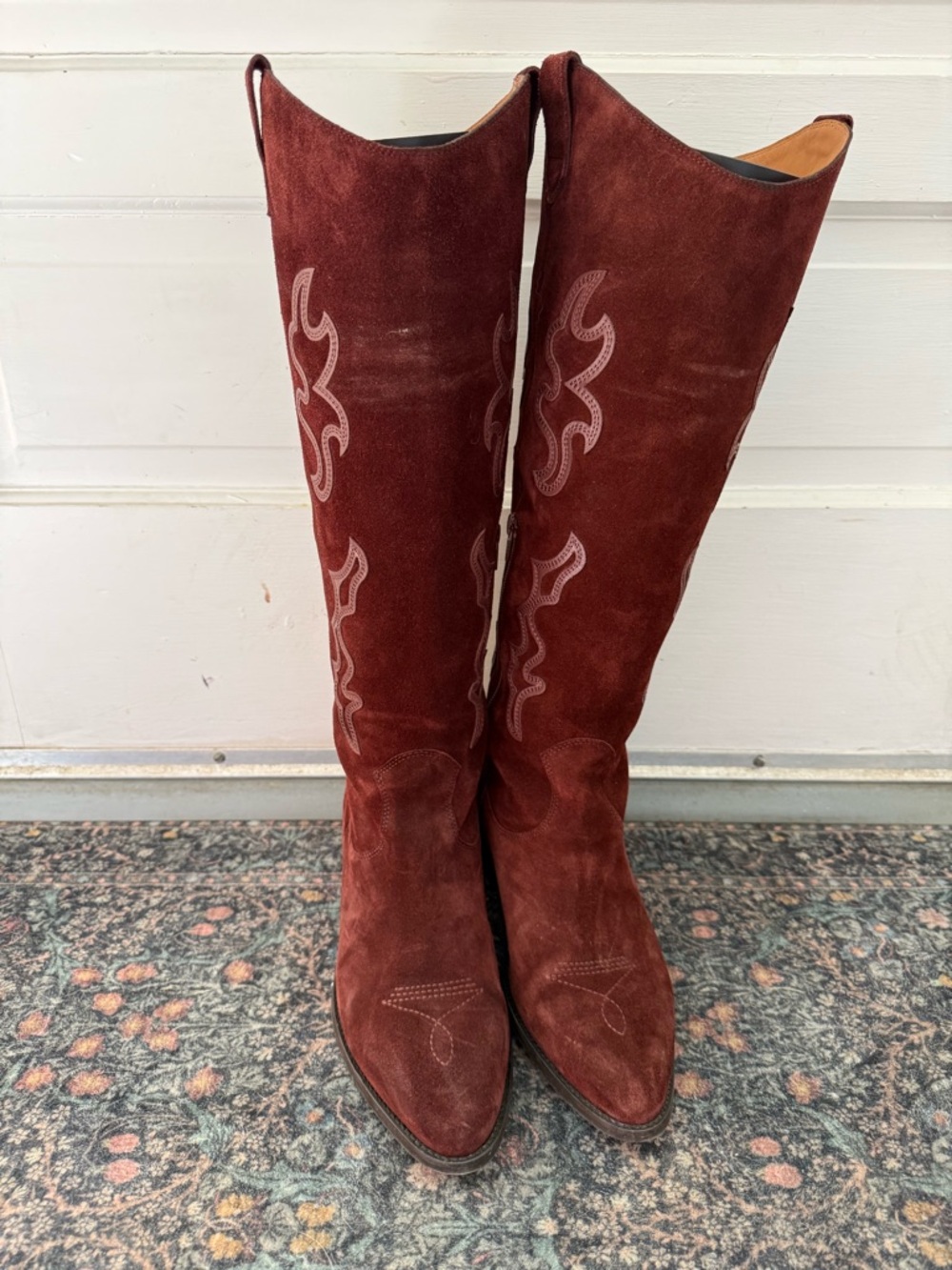 Sezane Burgundy Suede Western Knee-High Boots - Picture 6 of 9